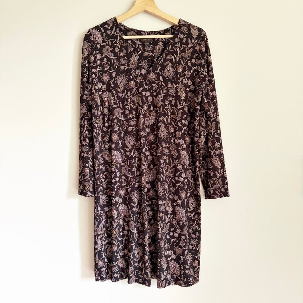 J Jill Wearever Knit Dress Paisley Floral V-Neck Medium Long Sleeve Black Purple